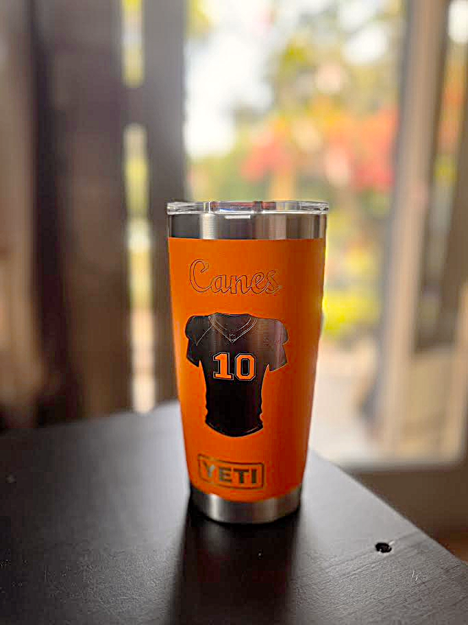 Custom Engraved Miami Hurricanes #10 Jersey YETI Tumbler – 20oz King Crab Orange