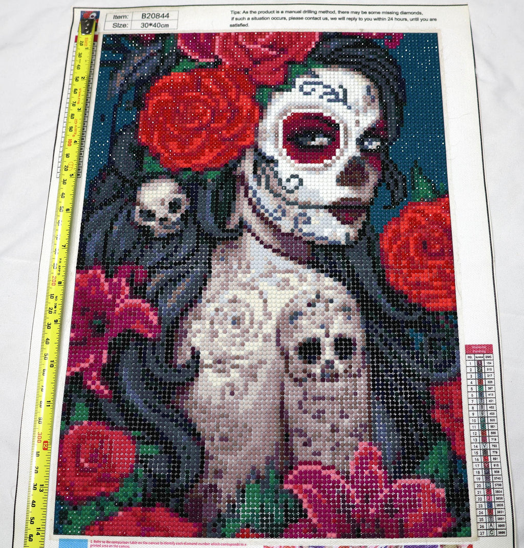 Day of the Dead Diamond Painting – Sugar Skull Woman with Roses – 30x40cm Wall Art